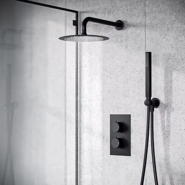 Nes Home Matte Black Concealed Thermostatic Shower Set with Overhead Shower and Handset – 1