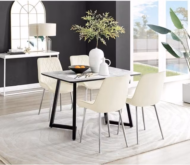 FurnitureboxUK Carson White Marble Effect Dining Table and 4 Pesaro Silver Chairs in Cream