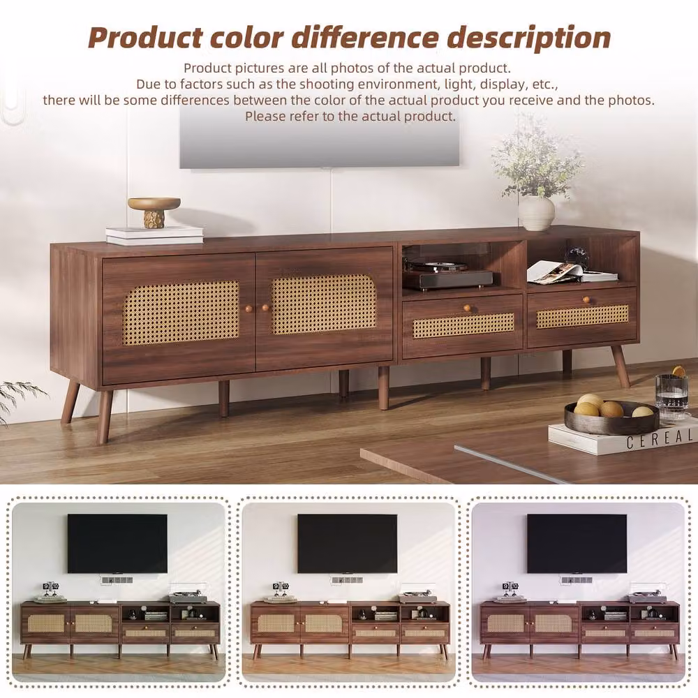 Merax Mid-Century Brown TV Unit with Rattan Details and Drawers for up to 200 cm TVs – 4