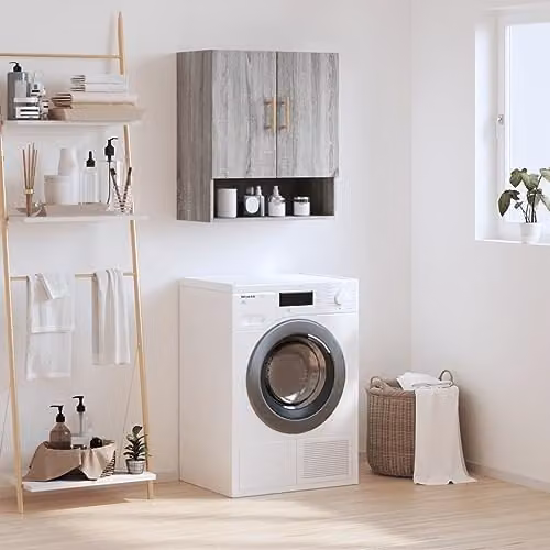 vidaXL Grey Sonoma Wall Cabinet with Hinged Doors and Open Shelf, W: 60 cm, D: 31 cm, H: 70 cm – 2
