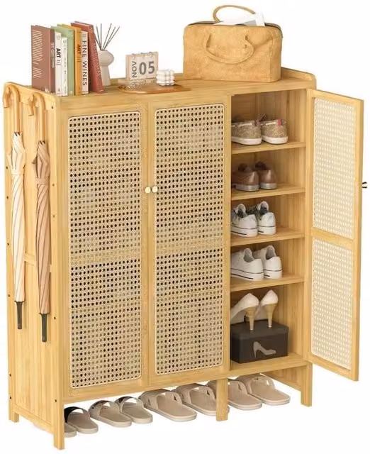 KORVIXA XL Rattan Shoe Cabinet with Hinged Doors in Brown – 1