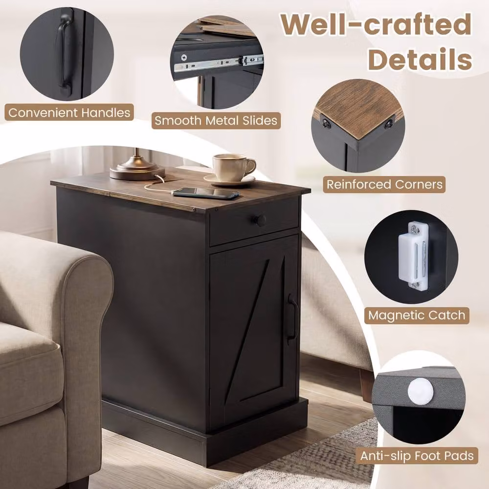 Gymax Farmhouse End Table with Charging Station and Cabinet in Black – 5