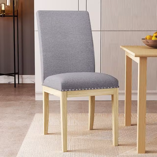 Livingandhome Set of 2 Modern Grey Linen Upholstered Dining Chairs with Wood Legs