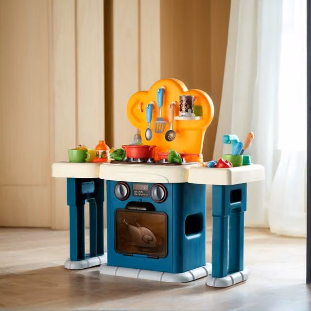 Kidkid Kids Role Play Kitchen Playset with Sounds, Lights and Play Food in Multicolour and Blue