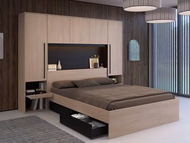 Vente-unique Overbed Unit with Storage and LED Lighting in Natural and Black, W/D/H: 160 x 200 x 202.8 cm