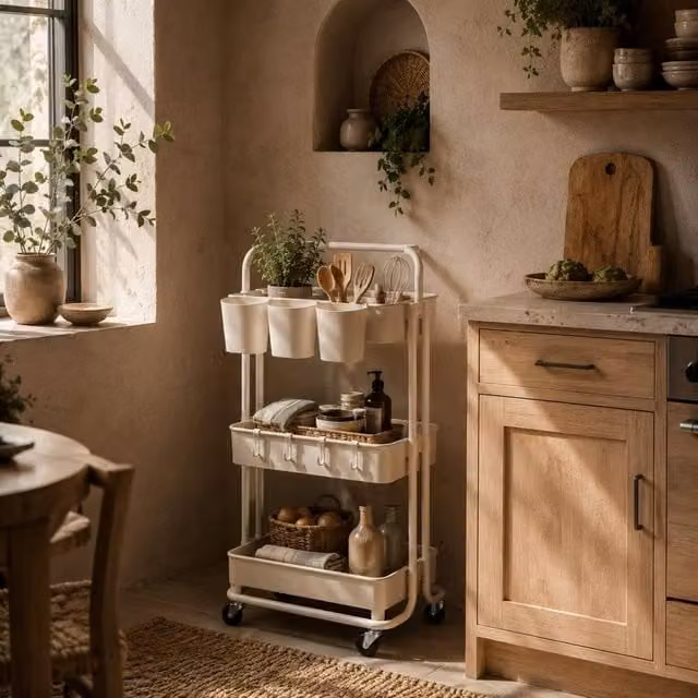 Wyld Haus 3 Tier White Metal Storage Trolley with Handle and Wheels, W/D/H: 42.0 x 38.0 x 86.5 cm
