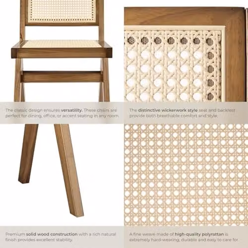 tectake Set of 2 Mid-Century Modern Dining Chairs with Solid Wood Frame and Viennese Wickerwork in Light Brown – 4