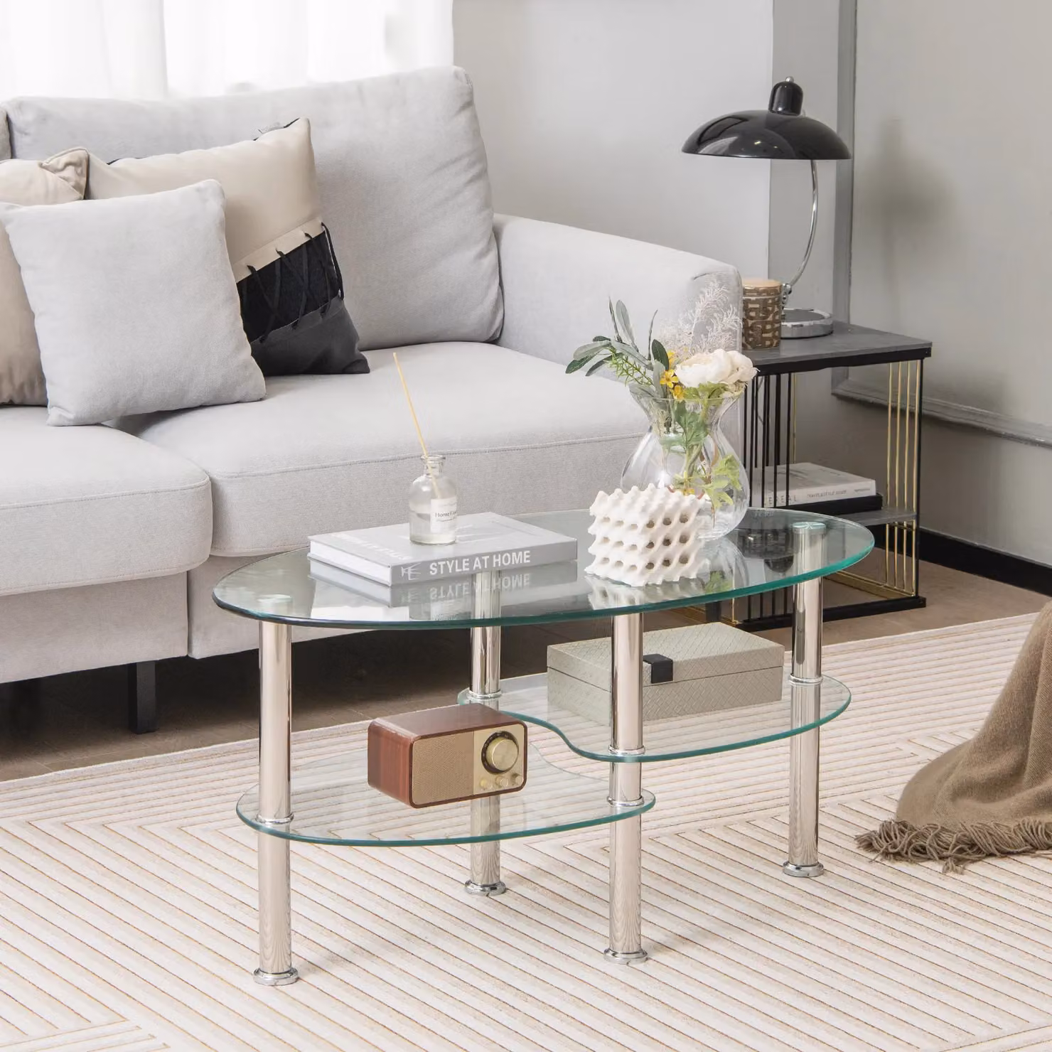 Costway Modern Oval 3-Tier Glass Coffee Table and Side Table in Transparent Clear – 2