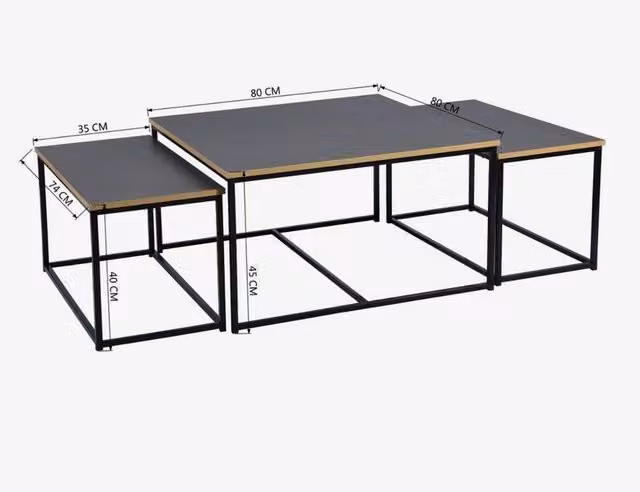 VOGREX 3-Piece Nesting Coffee Table Set with Black Metal Frame and Wood Tops in Industrial Style – 1