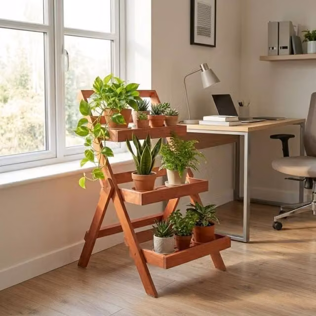 Samuel Alexander 3 Tier Oiled Wooden Foldable Indoor Plant Stand Display Shelf, Brown, H 92.0 cm x W 60.0 cm x D 75.0 cm