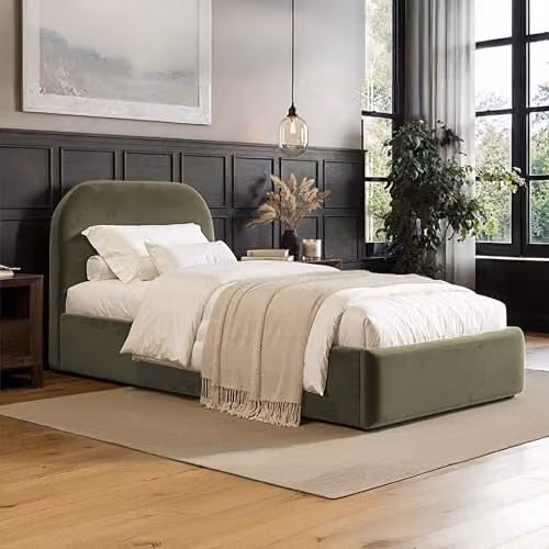Flair Furnishings Alba Single Ottoman Bed Frame with Storage and Curved Headboard in Khaki Velvet, W/D/H: 90 x 190 cm – 1