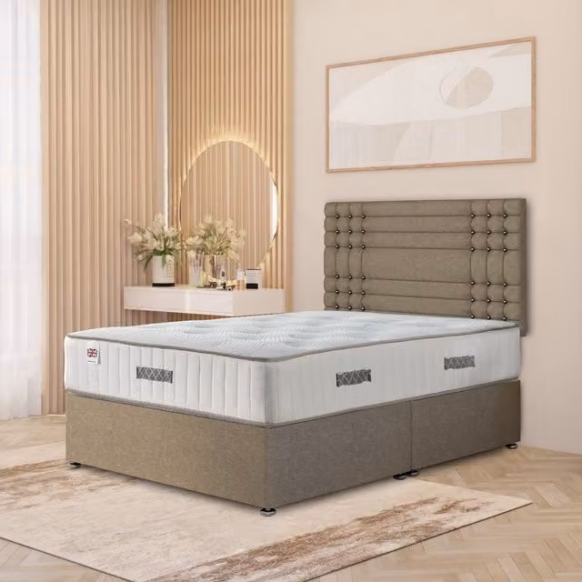 Somnior Beds Ltd Saville Linen Divan Bed Set with 32 inch Headboard and Orthopaedic Mattress in Beige/Brown, W/D/H: 90 x 190 cm