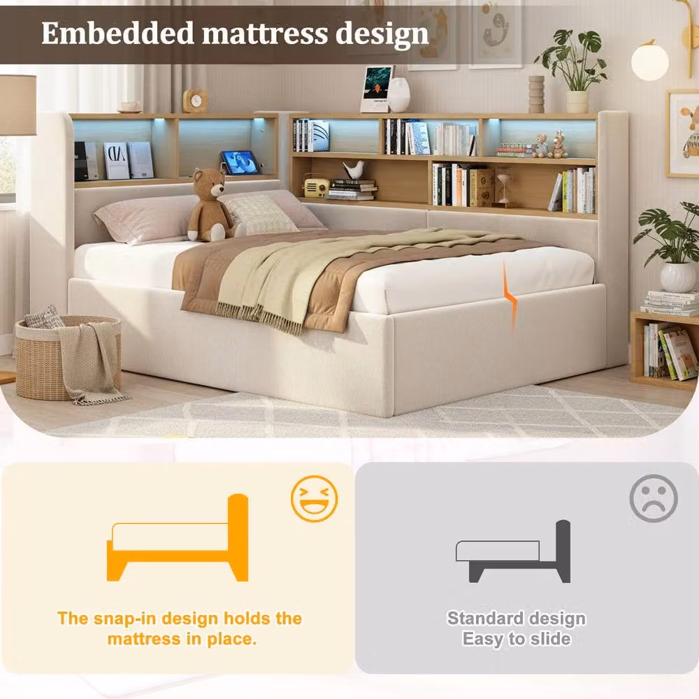 Rolipo Beige Velvet L-Shaped Daybed with Hydraulic Storage, LED Lighting and USB Charging Port, W/D/H: 90 x 190 cm – 3
