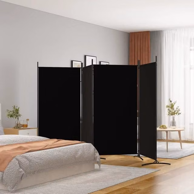 Berkfield Home 4-Panel Fabric Room Divider in Black, W: 346 cm, H: 180 cm – 1
