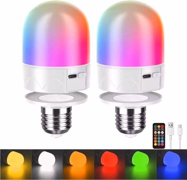 Harper Living USB Rechargeable RGBW LED Bulbs with Remote, E27 Screw and Magnetic, Dimmable 9 Colour Night Lights with Timer, Set of 2, White and Multicolour – 1