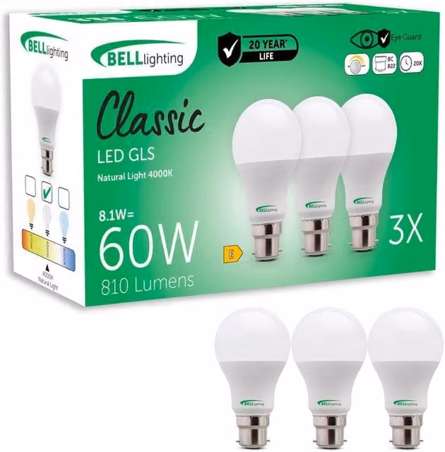 BELL Lighting B22 Dimmable LED Bulbs, 8.1W, White, Pack of 3 – 1