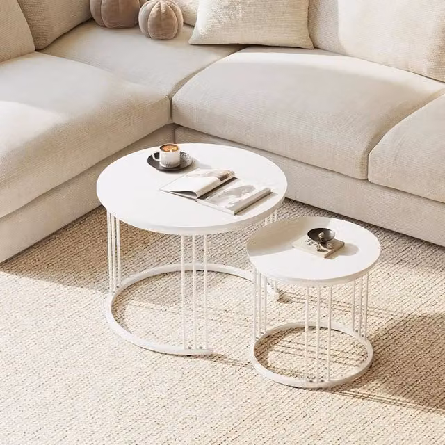 Huhote Set of 2 Round Nesting Side Tables with Matt White Metal Frame