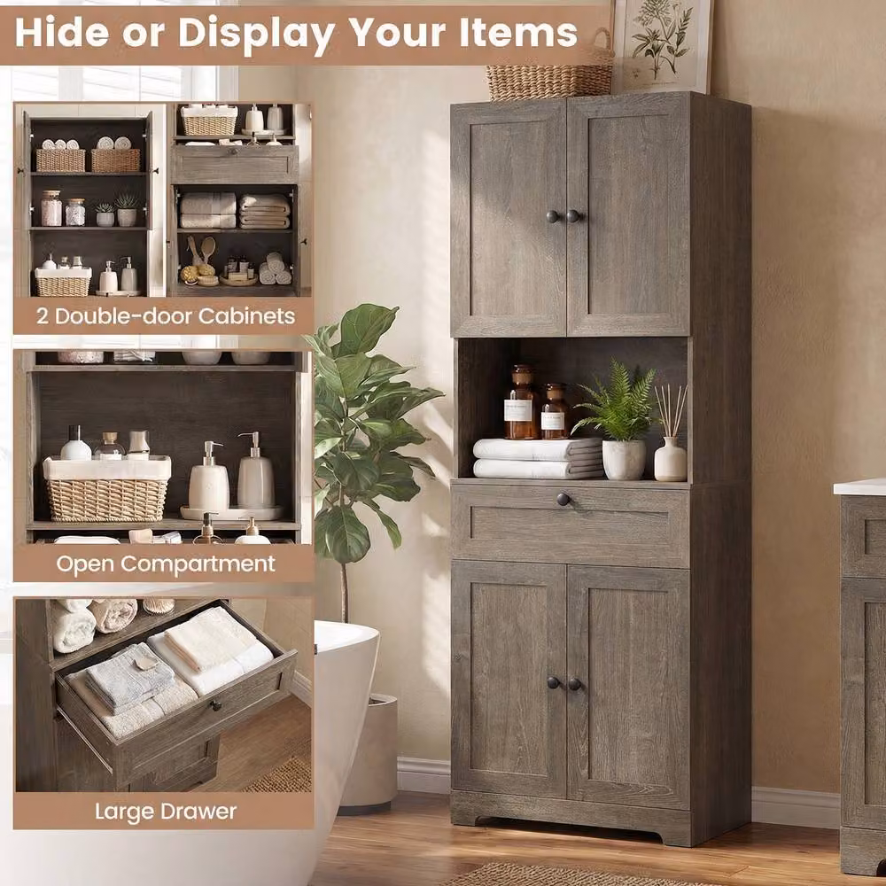 Costway Modern Grey Wooden Bathroom Cabinet with 4 Doors and 1 Drawer – 7