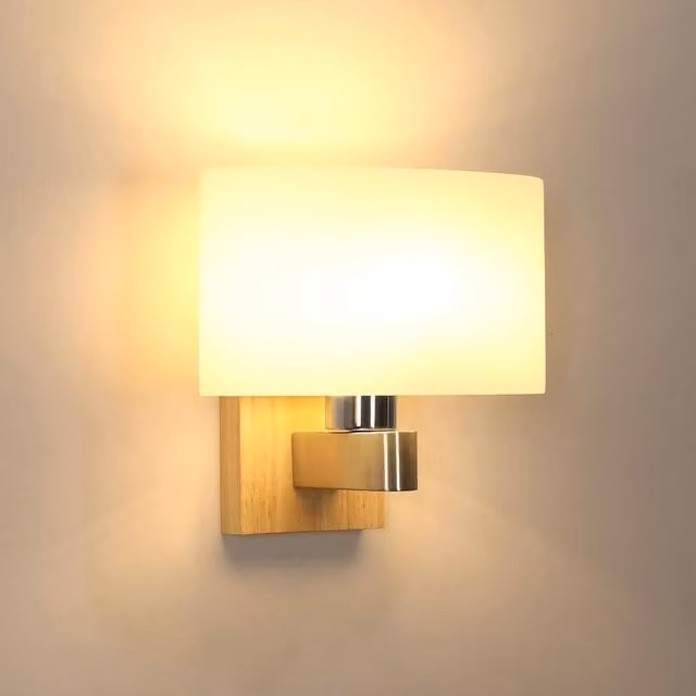 Goeco E27 Vintage Interior Wall Light with White Oval Glass and Wood Lampshade – 1