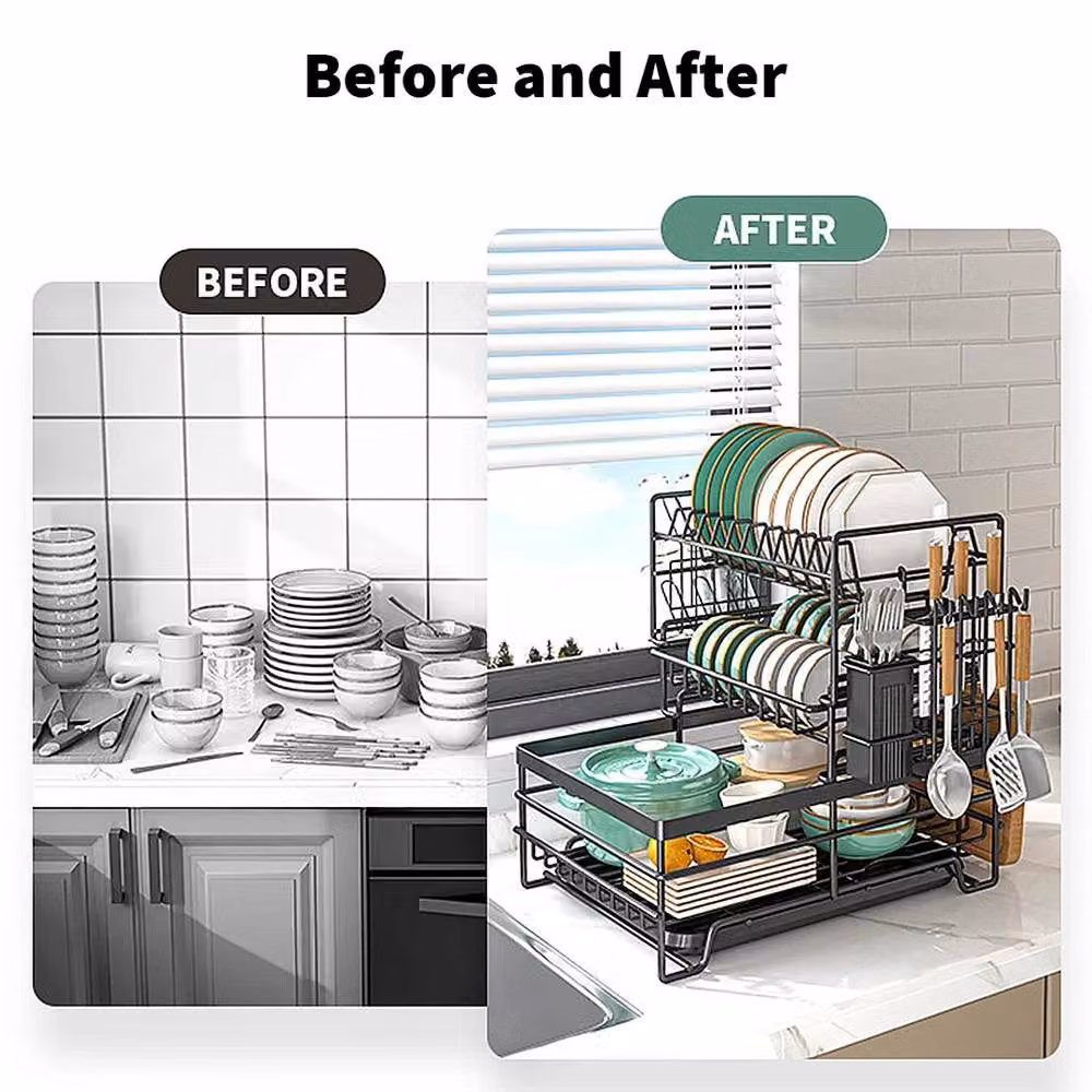 PAWNORA 3 Tier Metal Kitchen Dish Drainer Rack with Drip Tray and Cutlery Holder, Black – 5