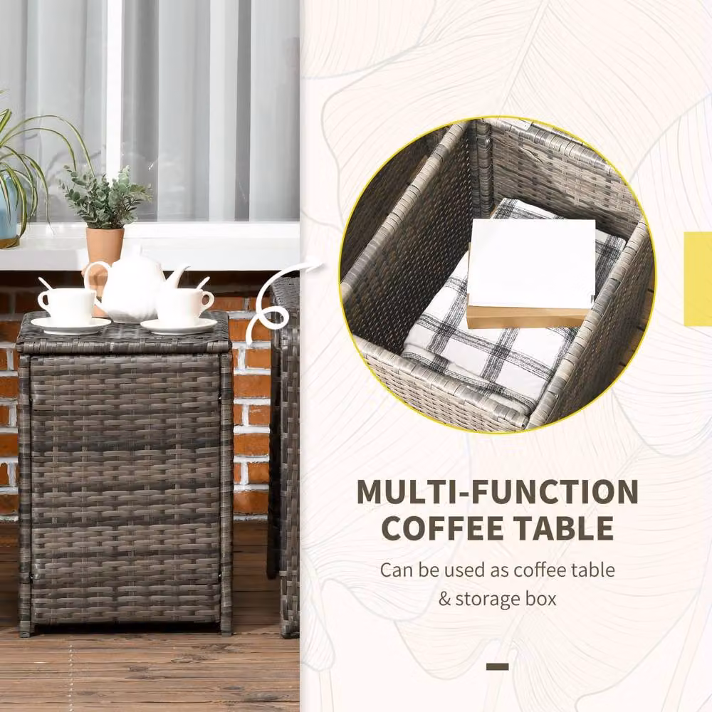 Wyld Haus Ziha 3 Piece Grey Rattan Bistro Set with 2 Cushioned Armchairs and 72L Storage – 5