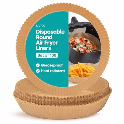 Livivo Disposable Round Air Fryer Liners, Greaseproof and Heat Resistant, Brown, Pack of 100 – 1