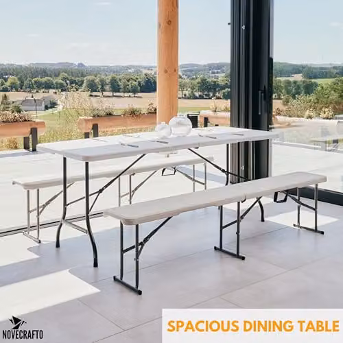 NOVECRAFTO White Folding Table and Bench Set with HDPE Plastic and Steel Frame – 2