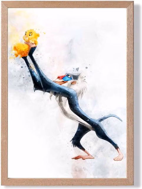 ARTZE Rafiki Watercolour Lion King Framed Print, Dark Blue and Multicolour, Oak Frame, A3