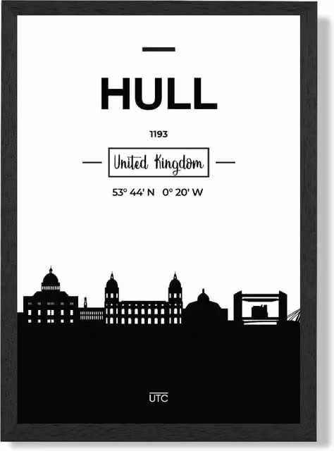 ARTZE Hull Black and White City Skyline Framed Paper Poster in Black Frame, A3