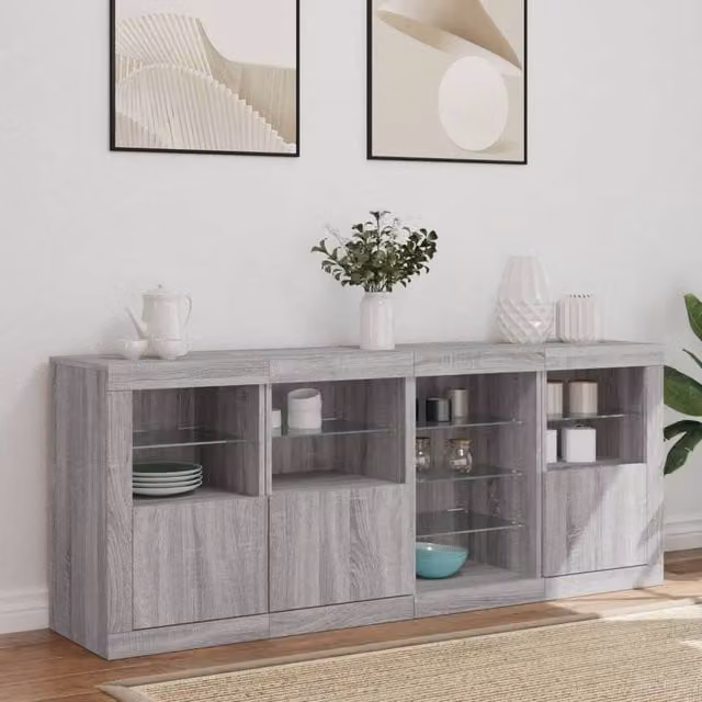 Berkfield Home Modern Grey Sonoma Sideboard with Integrated LED Lights W/D/H: 164 x 37 x 67 cm