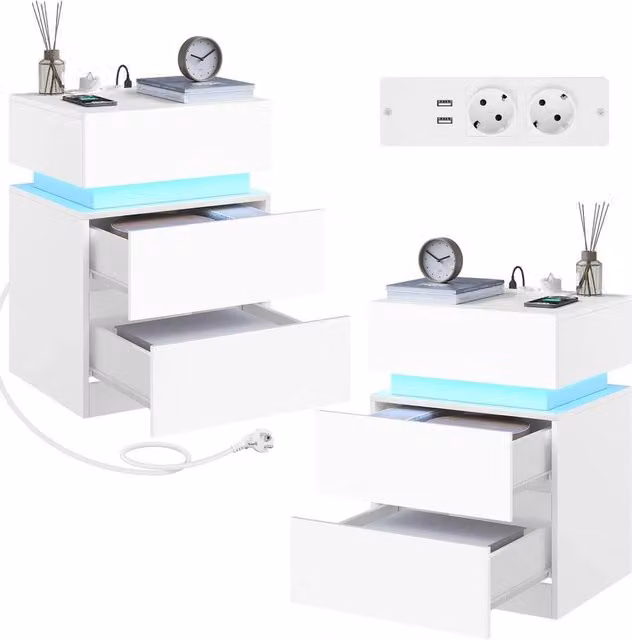 Kelvenix Modern White Bedside Table with Integrated Lighting – 1