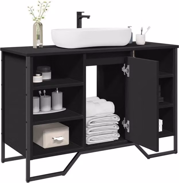 Berkfield Home Black Freestanding Bathroom Sink Cabinet with Internal Shelves and Open Shelf, W/D/H: 91 x 35 x 60 cm – 1