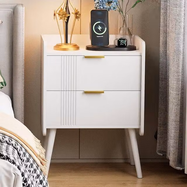 Huhote Bedside Table Cabinet with 2 Drawers and Wooden Legs in White