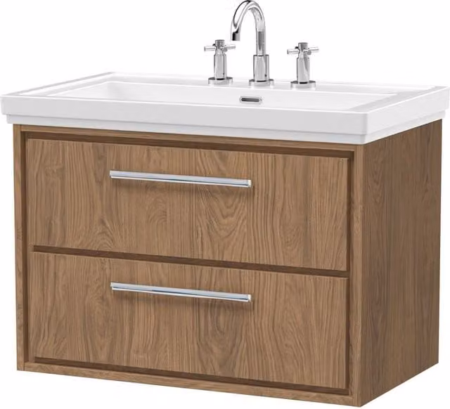 Balterley Longnor Wall Hung 2 Drawer Bathroom Vanity Unit with Rectangular Basin in Antique Oak Brown W/D/H: 83 x 47.1 x 60.6 cm