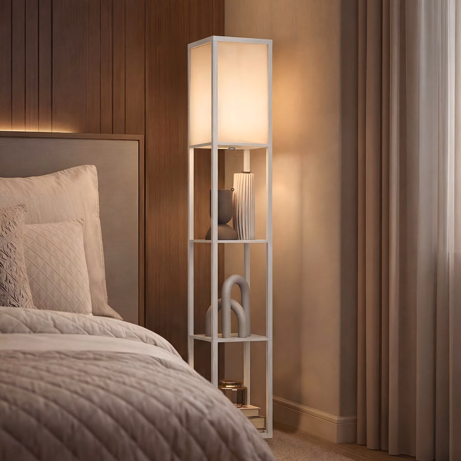HOMCOM White Floor Lamp with 3-Tier Storage Shelf for Living Room and Bedroom – 6