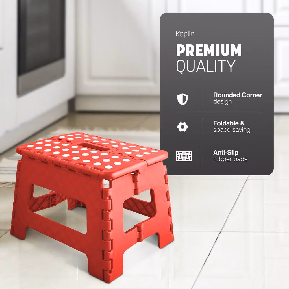 Keplin Heavy Duty Folding Step Stool, Non-Slip Portable Plastic Footstool in Red – 3