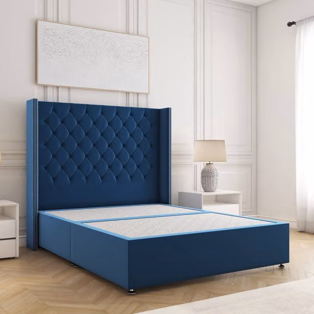 BSSPOKE Olivia Single Divan Bed with 54 inch Headboard in Blue Plush Velvet