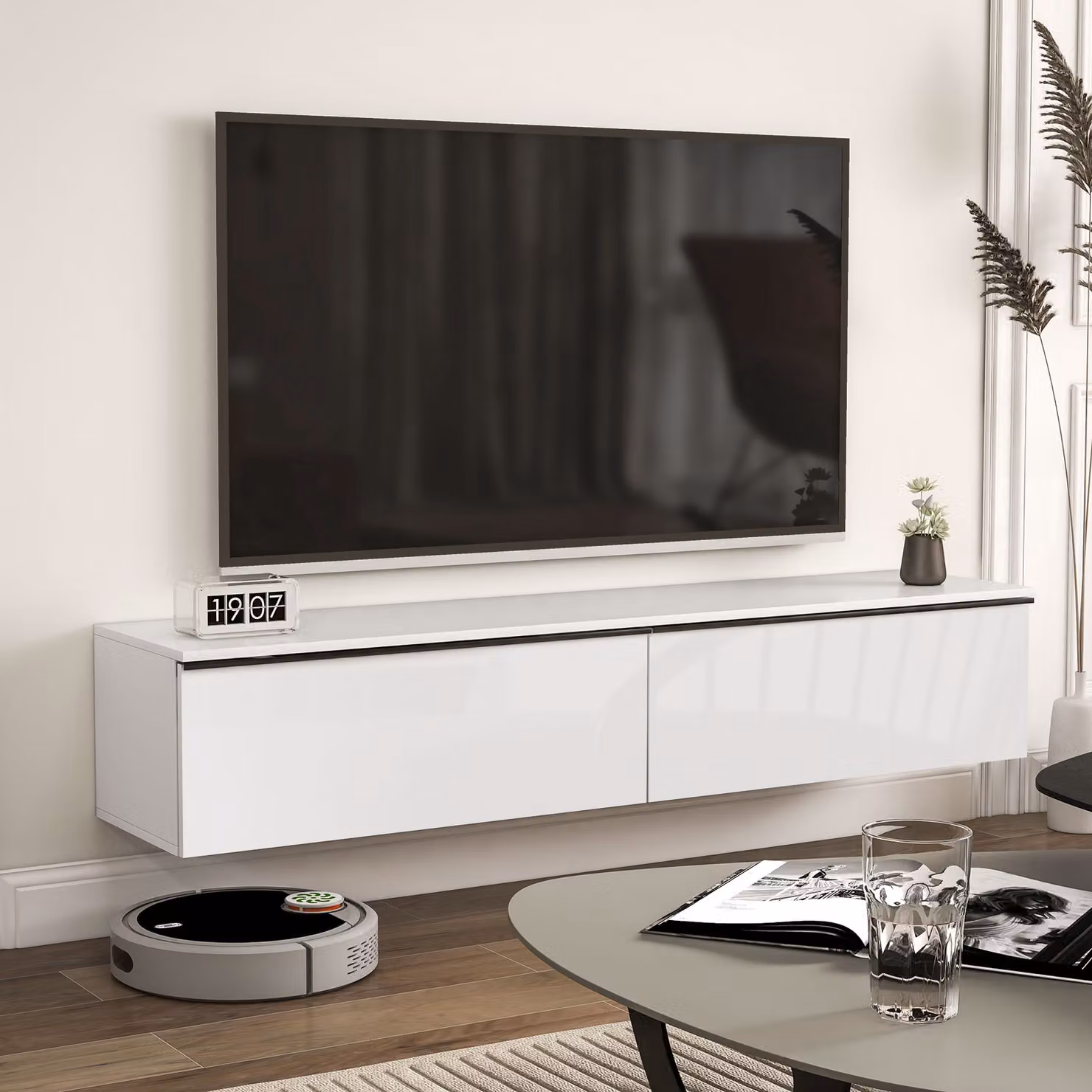 HOMCOM White High Gloss Floating TV Unit Stand for TVs up to 70 inch, Wall Mounted Modern TV Cabinet with Storage Cupboards, Width: 160 cm – 7