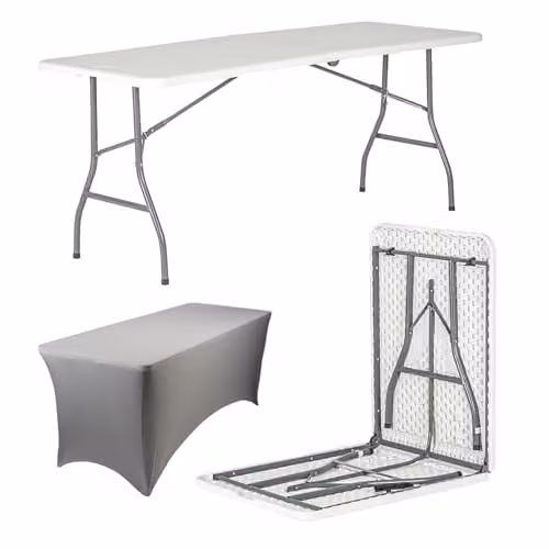 Harbour Housewares Folding Camping Picnic Table with Fitted Tablecloth, White and Grey, W: 180 cm, D: 73.5 cm, H: 70 cm