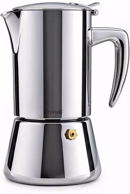 Crystals Stainless Steel 4 Cup Espresso Maker Stovetop Moka Pot in Metallic Silver, 200ml – 1