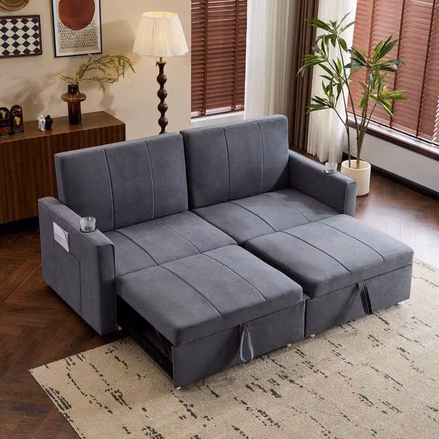 BTM King Size Pull Out Sofa Bed in Grey Fabric with Cup Holders