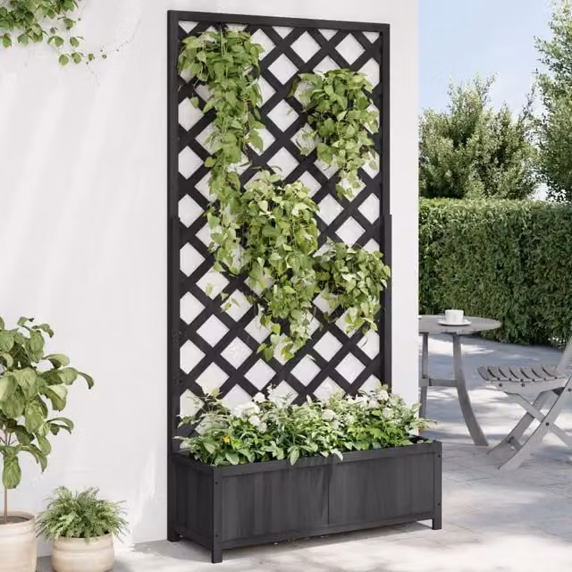 Berkfield Home Black Solid Wood Fir Planter with Trellis – 1