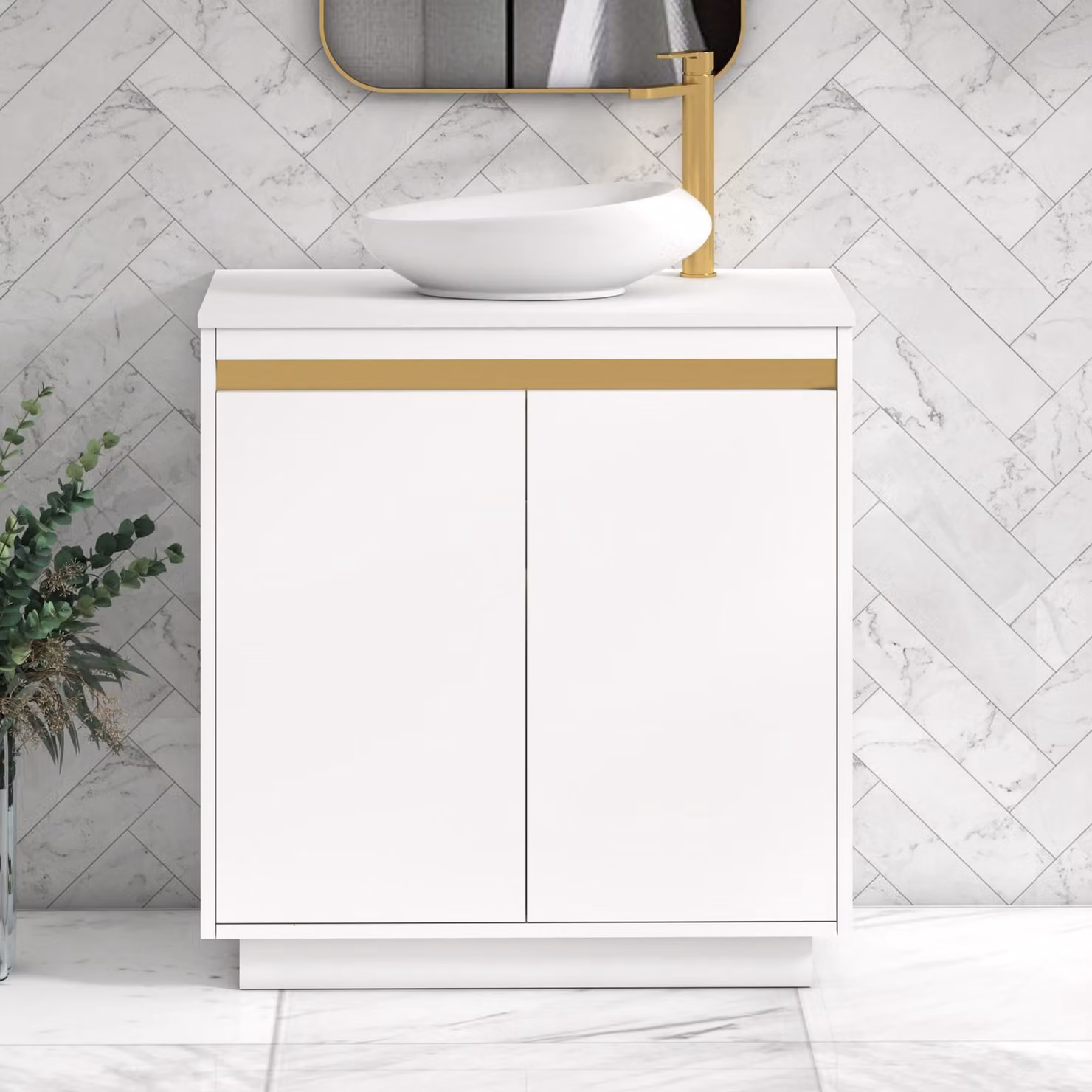 Royal Bathrooms Orion 800mm Matt White Floor Standing 2 Door Vanity Unit with Nova Basin and Brushed Brass Accent Trim