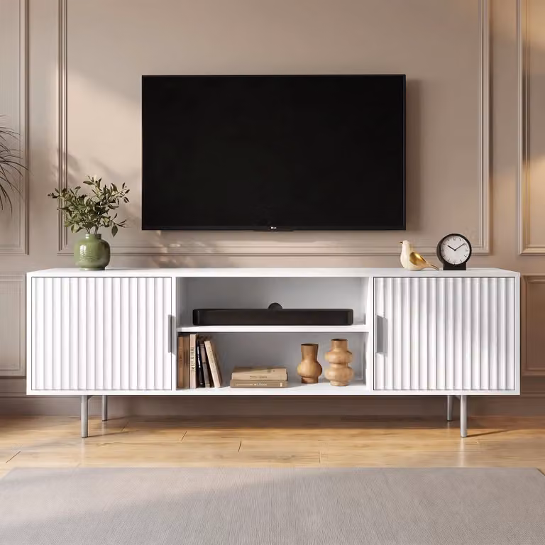 DHS Modern Fluted TV Unit with Soft Close Drawers and Media Compartments, White, W: 140 cm, D: 40 cm