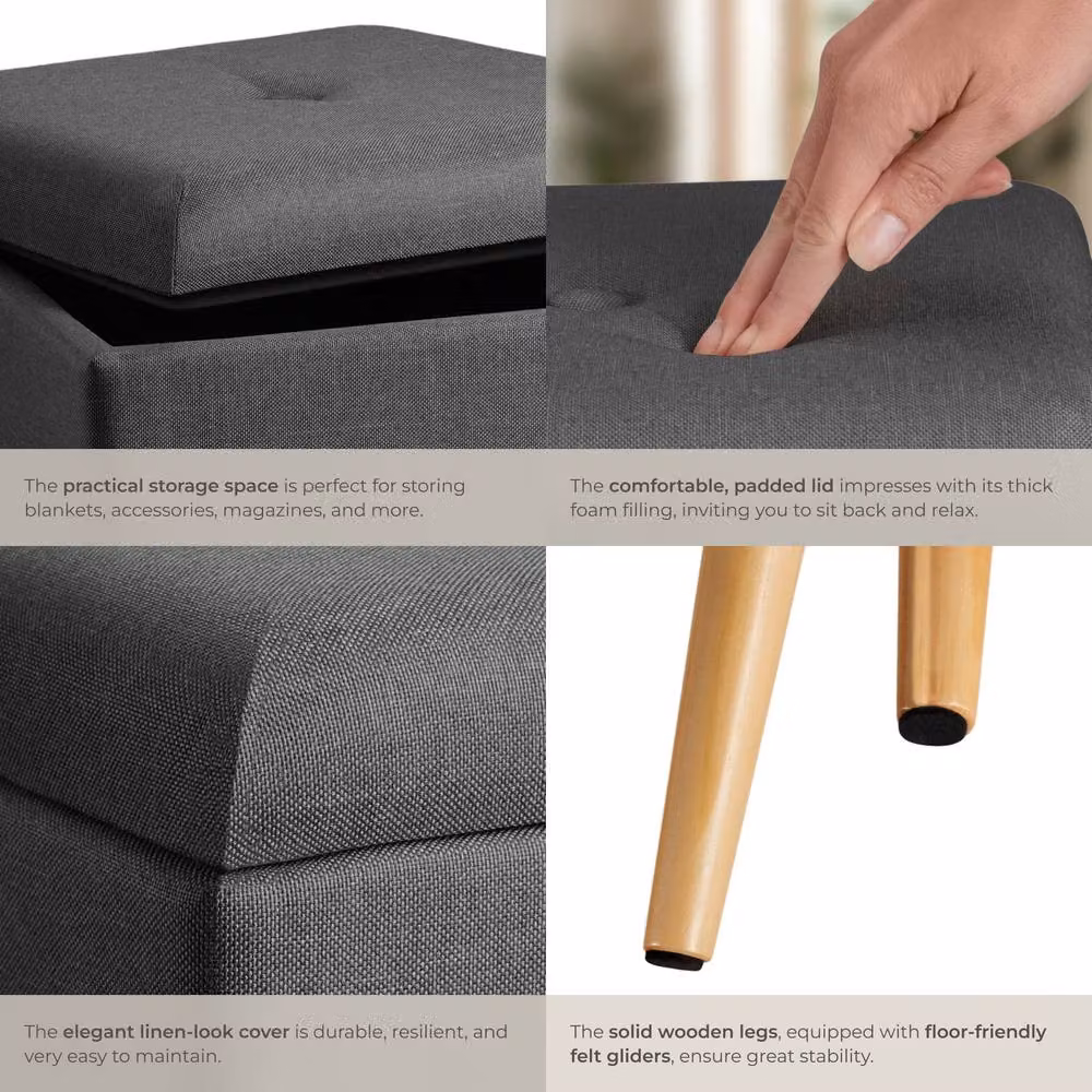 tectake Elva Padded Stool with Storage Space in Dark Grey Linen Look – 5