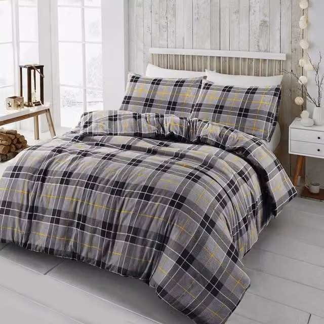 HomeSpace Direct Grey Flannelette Cotton Checked Duvet Cover Set, W: 200 cm x D: 200 cm