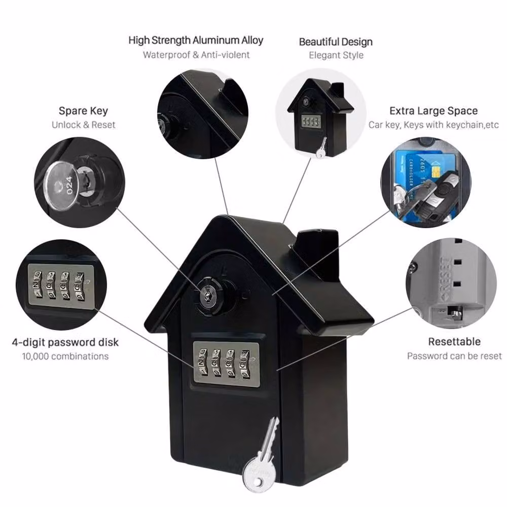 EONLION Wall Mounted Zinc Alloy Key Lockbox with 4 Digit Combination Code in Black – 3