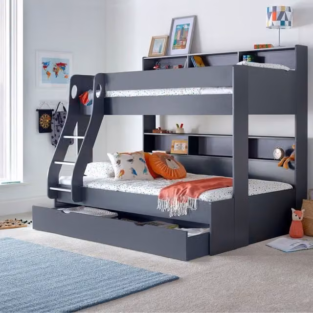 Bedmaster Oliver Onyx Grey Triple Sleeper Storage Bunk Bed with Drawers and Bedside Shelf, W/D/H: 120 x 200 x 173 cm