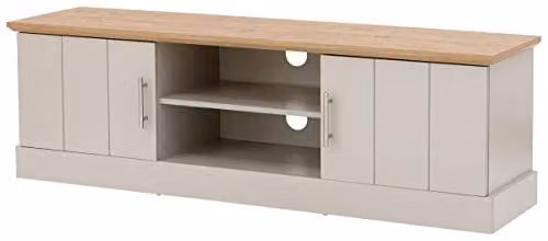 GFW Kendal Large TV Unit with Cupboards and Open Shelving in Blue or Grey with Oak Effect Top, W: 150.0 cm, D: 39.0 cm, H: 48.0 cm