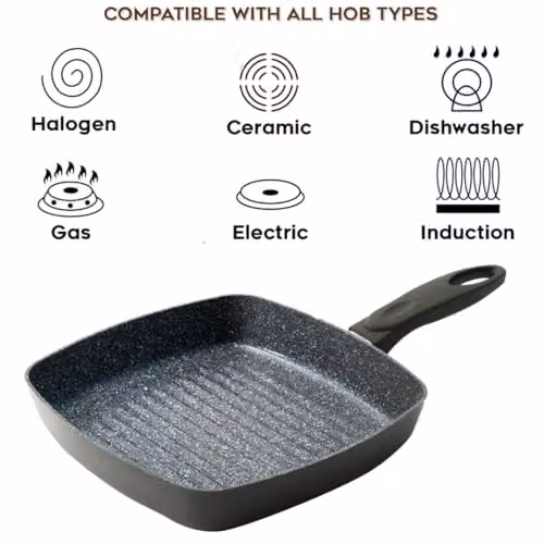 Durastone Grey Ceramic Non-Stick Square Grill Pan, 24 cm – 5